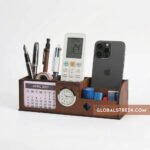 Wooden desk organizer laser cutting DXF design with phone holder, clock and calendar panel