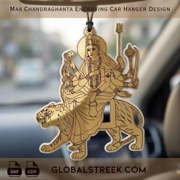Maa Chandraghanta Engraving Car Hanger Design DXF laser engraving CNC car hanging spiritual design file download