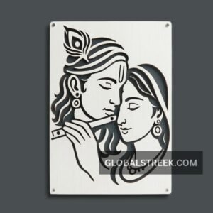 Krishna Radha Portrait Wall Art DXF File with Flute and Peacock Feather for Laser Cutting