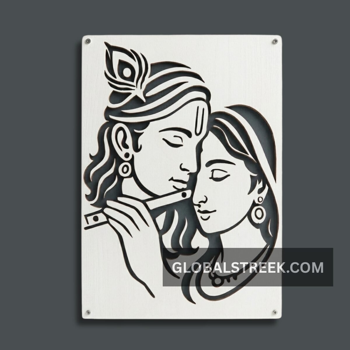 Krishna Radha Portrait Wall Art DXF File with Flute and Peacock Feather for Laser Cutting