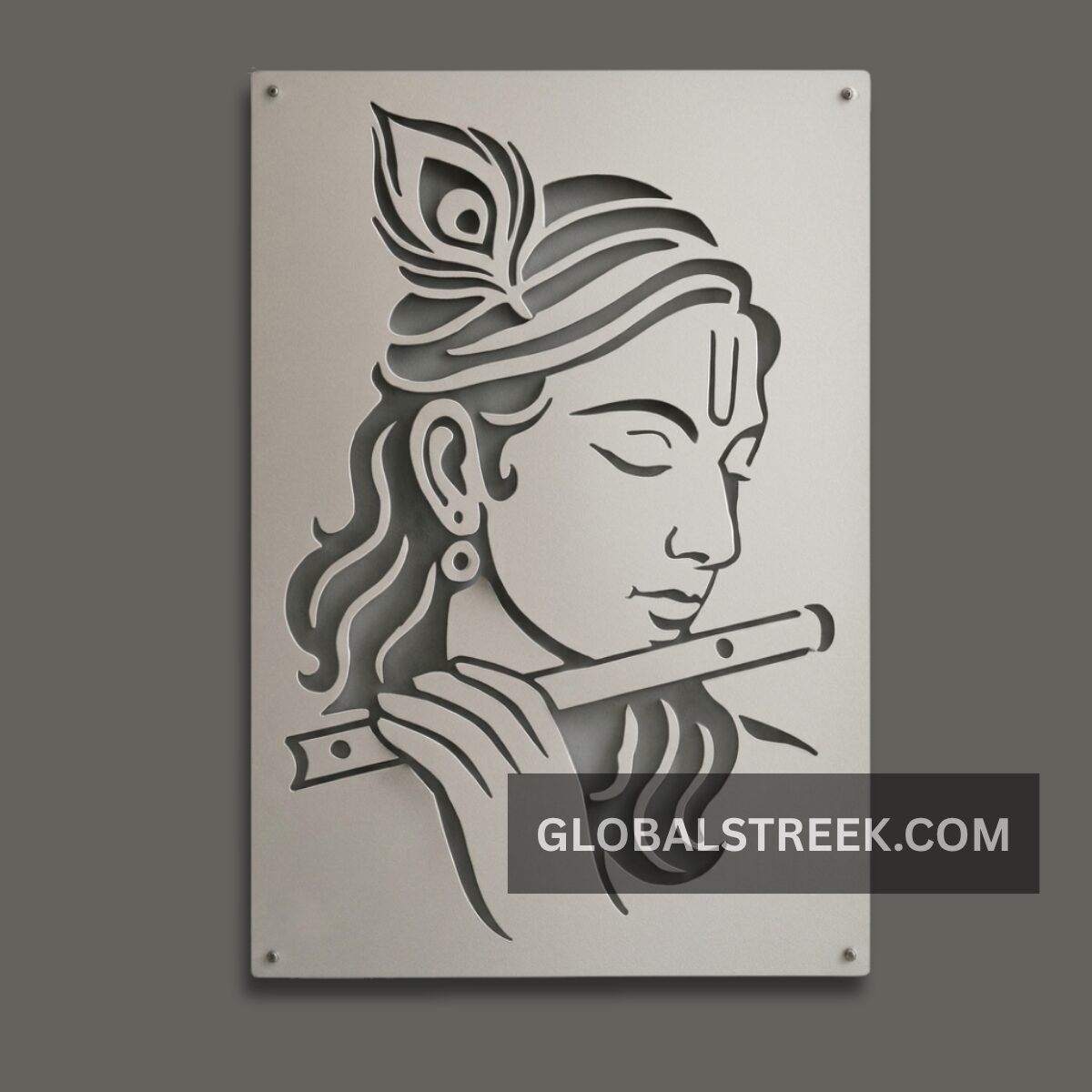Krishna Wall Art Design DXF File with Flute and Peacock Feather for Laser Cutting
