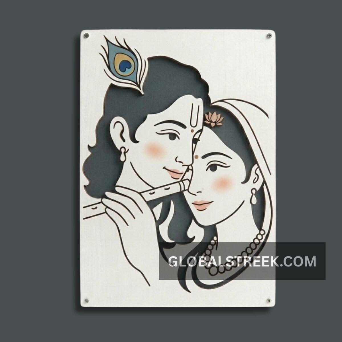 Radha Krishna Wall Art Design DXF File with Flute and Peacock Feather for Laser Cutting