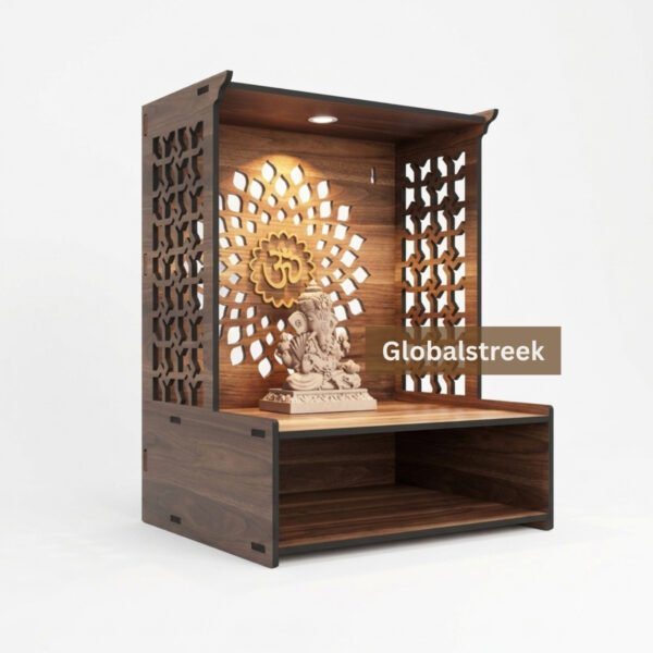 Wooden Mandir for Home Laser Cutting File with Om Back Panel and Decorative Jali Design