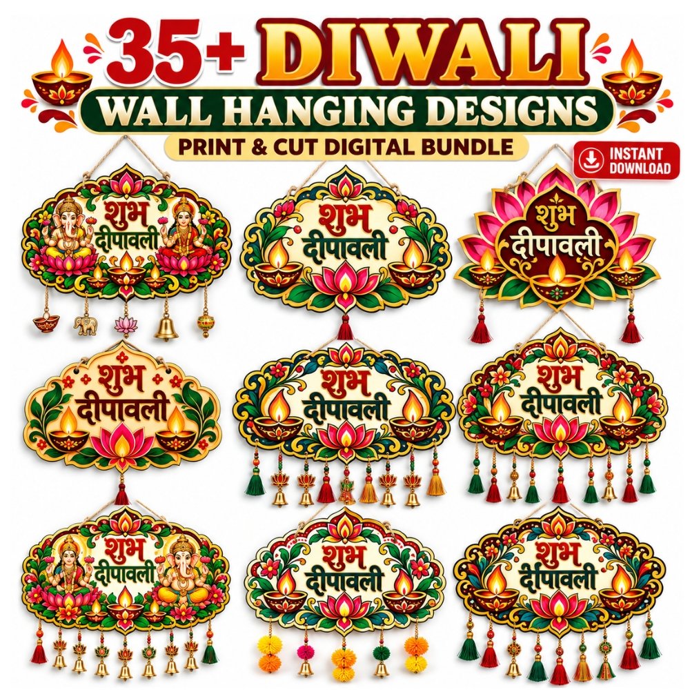 35+ Diwali Wall Hanging Designs | Print and Cut Digital Bundle | Shubh Deepawali Decor Files
