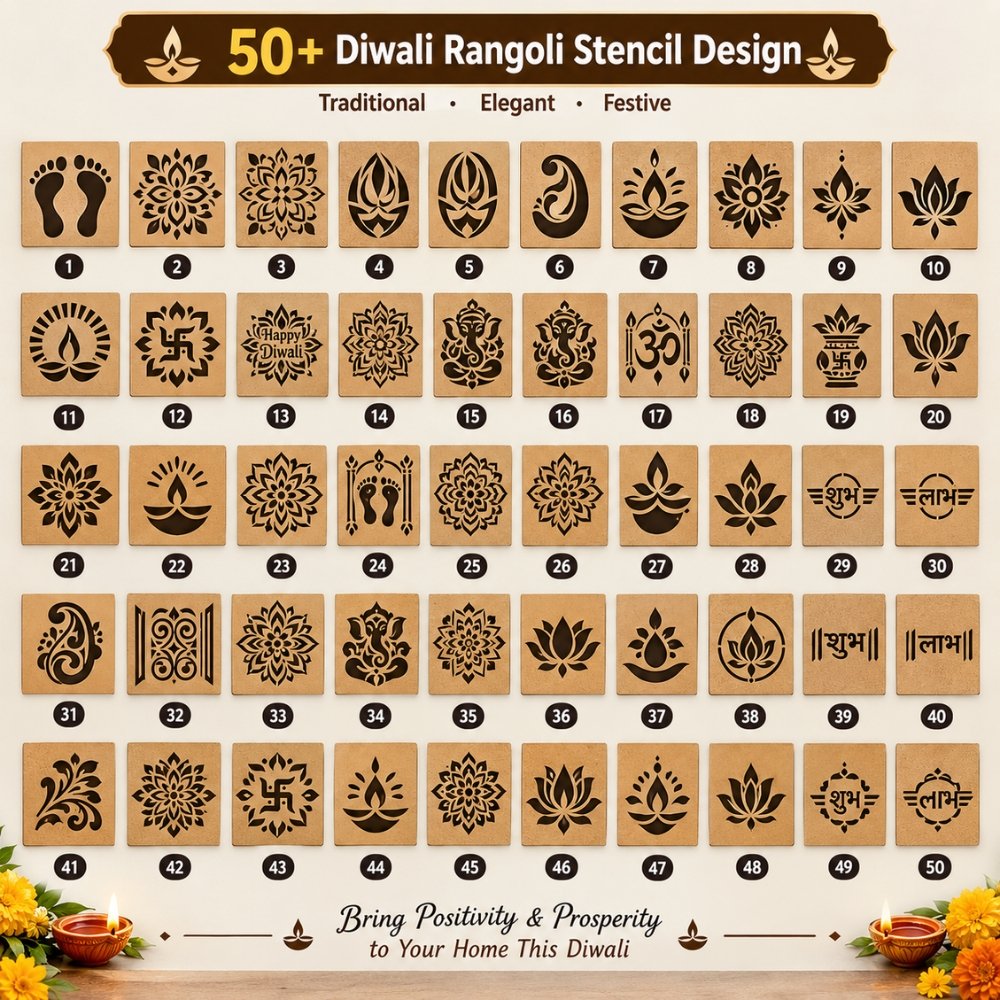 50+ Diwali rangoli stencil designs with diya, lotus, floral and traditional Indian patterns