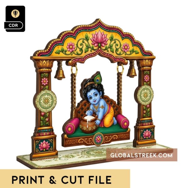 Beautiful Wooden Krishna Jhula with Bal Gopal for UV print and cut design