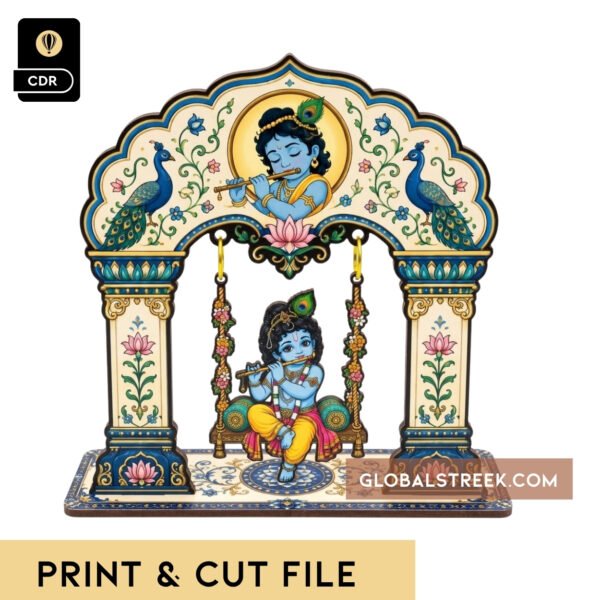 Krishna Jhula Print and Cut File featuring Bal Gopal on a decorated swing with peacocks and lotus flowers