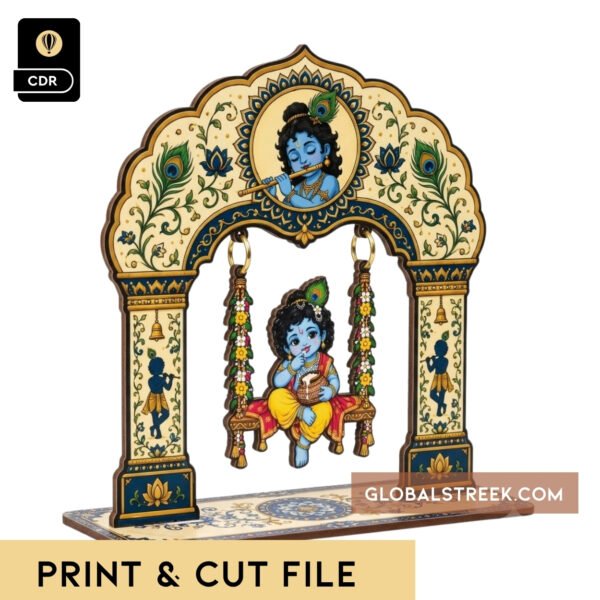 Krishna Jhula UV Print and Cut File featuring Bal Gopal on a decorated wooden swing