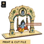 Krishna Jhula Print & Cut File CDR featuring Bal Gopal on a decorative swing with floral arch and peacock feather details