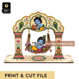 Krishna Jhula Print & Cut File CDR featuring Bal Gopal on a decorative swing with floral arch and peacock feather details