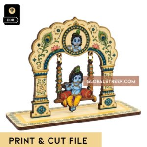 Krishna Jhula Print & Cut File CDR featuring Bal Gopal on a decorative swing with floral arch and peacock feather details