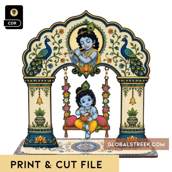 Wooden Krishna Jhula UV Print and Cut File featuring Bal Gopal on a decorated swing