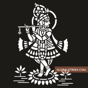 Bal Gopal Jali Design showing young Lord Krishna playing the flute with a decorative crown, jewellery and lotus base