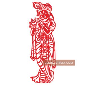 Lord Krishna playing the flute in a red vector wall art design