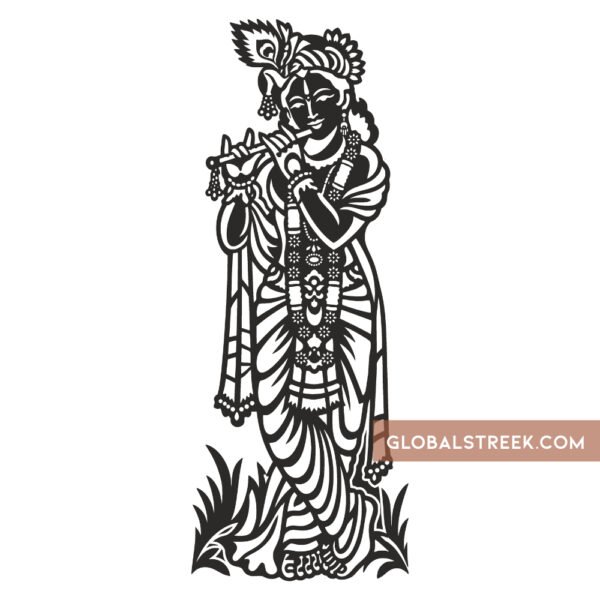 Lord Krishna playing the flute in a detailed black-and-white wall decor vector design