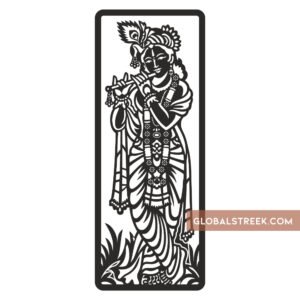 Lord Krishna playing the flute in a rectangular jali wall panel vector design