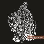 Radha Krishna Vector Jali Design featuring Radha and Krishna playing the flute with a cow and traditional decorative details