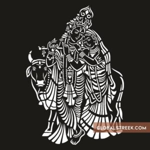 Radha Krishna Vector Jali Design featuring Radha and Krishna playing the flute with a cow and traditional decorative details